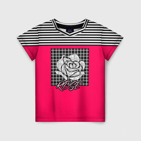 Детская футболка 3D с принтом Аппликация роза на клетчатом в Белгороде, 100% гипоаллергенный полиэфир | прямой крой, круглый вырез горловины, длина до линии бедер, чуть спущенное плечо, ткань немного тянется | аппликация | детский | комбинированный | полосатый | пэчворк | роза | розовый | цветочный узор | черный и малиновый | яркий малиновый