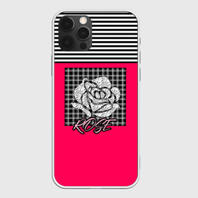 Чехол для iPhone 12 Pro с принтом Аппликация роза на клетчатом в Белгороде, силикон | область печати: задняя сторона чехла, без боковых панелей | аппликация | детский | комбинированный | полосатый | пэчворк | роза | розовый | цветочный узор | черный и малиновый | яркий малиновый