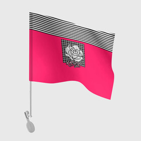 Флаг для автомобиля с принтом Аппликация роза на клетчатом в Белгороде, 100% полиэстер | Размер: 30*21 см | аппликация | детский | комбинированный | полосатый | пэчворк | роза | розовый | цветочный узор | черный и малиновый | яркий малиновый