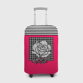 Чехол для чемодана 3D с принтом Аппликация роза на клетчатом в Белгороде, 86% полиэфир, 14% спандекс | двустороннее нанесение принта, прорези для ручек и колес | аппликация | детский | комбинированный | полосатый | пэчворк | роза | розовый | цветочный узор | черный и малиновый | яркий малиновый