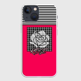 Чехол для iPhone 13 mini с принтом Аппликация роза на клетчатом в Белгороде,  |  | аппликация | детский | комбинированный | полосатый | пэчворк | роза | розовый | цветочный узор | черный и малиновый | яркий малиновый