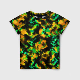 Детская футболка 3D с принтом Абстрактный желто-зеленый узор в Белгороде, 100% гипоаллергенный полиэфир | прямой крой, круглый вырез горловины, длина до линии бедер, чуть спущенное плечо, ткань немного тянется | абстрактный | желтый | зеленый | камуфляж | мужской | популярный | размытый узор | современный | черный