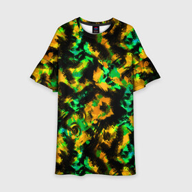 Детское платье 3D с принтом Абстрактный желто-зеленый узор в Белгороде, 100% полиэстер | прямой силуэт, чуть расширенный к низу. Круглая горловина, на рукавах — воланы | абстрактный | желтый | зеленый | камуфляж | мужской | популярный | размытый узор | современный | черный
