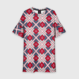 Детское платье 3D с принтом Красно-синий плед -клетка в Белгороде, 100% полиэстер | прямой силуэт, чуть расширенный к низу. Круглая горловина, на рукавах — воланы | абстрактный | геометрический | красный | плед | пэчворк | синий | современный | этнический