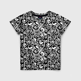 Детская футболка 3D с принтом Черно-белая роспись в Белгороде, 100% гипоаллергенный полиэфир | прямой крой, круглый вырез горловины, длина до линии бедер, чуть спущенное плечо, ткань немного тянется | abstract | black and white | pattern | texture | абстрактный рисунок | абстракция | белый рисунок | белый узор | волнистый узор | завитки | круги | минимализм | монохром | орнамент | паттерн | роспись | текстура | узор