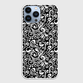 Чехол для iPhone 13 Pro Max с принтом Черно белая роспись в Белгороде,  |  | abstract | black and white | pattern | texture | абстрактный рисунок | абстракция | белый рисунок | белый узор | волнистый узор | завитки | круги | минимализм | монохром | орнамент | паттерн | роспись | текстура | узор