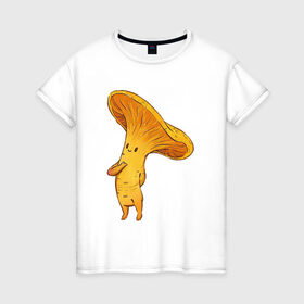Женская футболка хлопок с принтом Лисичка в Белгороде, 100% хлопок | прямой крой, круглый вырез горловины, длина до линии бедер, слегка спущенное плечо | арт | гриб | грибочек | грибы | лисичка | мило | милота | рисунок | рыжий гриб | свежие грибы | свежий гриб | свежий продукт