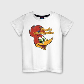 Детская футболка хлопок с принтом Дятел Вуди потертый логотип в Белгороде, 100% хлопок | круглый вырез горловины, полуприлегающий силуэт, длина до линии бедер | animals | cartoon | character | head | laughter | woody woodpecker | дятел вуди | животные | мультики | персонаж | смех