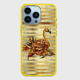 Чехол для iPhone 13 Pro с принтом Золотой фламинго и цветок в Белгороде,  |  | Тематика изображения на принте: драгоценный | золотистый | золото | пион | полоски | птица | серебристый | серебро | фламинго | цветок | цветочный | цветы