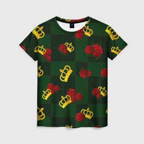 Женская футболка 3D с принтом Короны и розы в Белгороде, 100% полиэфир ( синтетическое хлопкоподобное полотно) | прямой крой, круглый вырез горловины, длина до линии бедер | зеленая клетка | золото | квадрат | королева | король | корона | красный | полосы | роза | сетка | узор | цветок | шахматная доска | шахматы