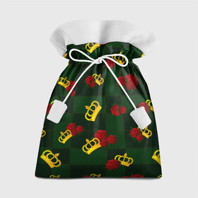 Подарочный 3D мешок с принтом Короны и розы в Белгороде, 100% полиэстер | Размер: 29*39 см | зеленая клетка | золото | квадрат | королева | король | корона | красный | полосы | роза | сетка | узор | цветок | шахматная доска | шахматы