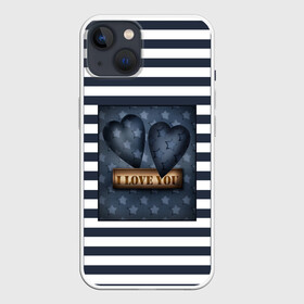 Чехол для iPhone 13 с принтом Я тебя люблю в Белгороде,  |  | Тематика изображения на принте: влюбленным | для любимого | любовь | полосатый узор | ретро | сердце | синий | темно синий