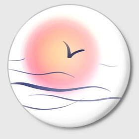 Значок с принтом Солнечный шар в Белгороде,  металл | круглая форма, металлическая застежка в виде булавки | sea | sun | закат | море | небо | птицы | солнце | чайки