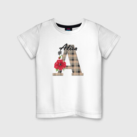 Детская футболка хлопок с принтом Алфавит. Имена. Алиса  в Белгороде, 100% хлопок | круглый вырез горловины, полуприлегающий силуэт, длина до линии бедер | алфавит | буква а | детский | для девочки | женский | монограмма | цветок