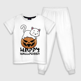 Детская пижама хлопок с принтом Kitten & Pumpkin в Белгороде, 100% хлопок |  брюки и футболка прямого кроя, без карманов, на брюках мягкая резинка на поясе и по низу штанин
 | cat | ears | eyes | halloween | holiday | jaw | kitten | moustache | nose | paws | pumpkin | smile | tail | teeth | глаза | зубы | кот | котёнок | кошка | лапы | нос | праздник | тыква | улыбка | усы | уши | хвост | хэллоуин