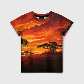 Детская футболка 3D с принтом АФРИКАНСКАЯ САВАННА в Белгороде, 100% гипоаллергенный полиэфир | прямой крой, круглый вырез горловины, длина до линии бедер, чуть спущенное плечо, ткань немного тянется | африка | деревья | живопись | закат | засуха | искуство | облака | пейзаж | пустыня | рисунок | саванна
