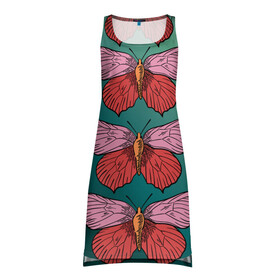Платье-майка 3D с принтом Зеленый принт с бабочками :) в Белгороде, 100% полиэстер | полуприлегающий силуэт, широкие бретели, круглый вырез горловины, удлиненный подол сзади. | бабочки | градиент | графический | грустный | зеленый | меланхолия | насекомые | ретро | розовый | странный