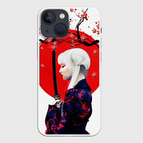 Чехол для iPhone 13 mini с принтом НАД ВЕТВЯМИ САКУРЫ в Белгороде,  |  | ветви | девушка | катана | кунаичи | сакура | самурай | солнце | флаг | япония
