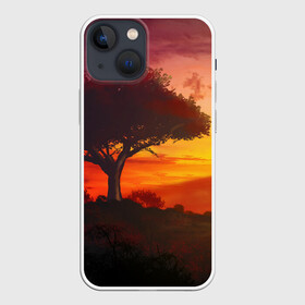 Чехол для iPhone 13 mini с принтом СОЛНЦЕ НАД АФРИКОЙ в Белгороде,  |  | африка | дерево | живопись | облака | пейзаж | рассвет | рисунок | саванна
