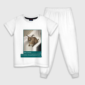 Детская пижама хлопок с принтом Шлёпа в Белгороде, 100% хлопок |  брюки и футболка прямого кроя, без карманов, на брюках мягкая резинка на поясе и по низу штанин
 | Тематика изображения на принте: каракал | кот | мемы | русский кот | рысь | шлёпа