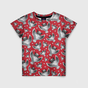 Детская футболка 3D с принтом Серебряные совы в Белгороде, 100% гипоаллергенный полиэфир | прямой крой, круглый вырез горловины, длина до линии бедер, чуть спущенное плечо, ткань немного тянется | красное с серым | птицы | серебро | совы | талисман | украшение