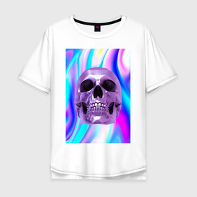 Мужская футболка хлопок Oversize с принтом Skull abstraction в Белгороде, 100% хлопок | свободный крой, круглый ворот, “спинка” длиннее передней части | Тематика изображения на принте: абстракция | блестки | блестящий фон | металлический цвет | скулы | стильный принт | череп | яркий принт