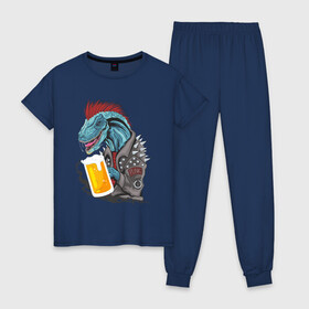 Женская пижама хлопок с принтом Пиво - Панко - Завр в Белгороде, 100% хлопок | брюки и футболка прямого кроя, без карманов, на брюках мягкая резинка на поясе и по низу штанин | dinosaur | pivo | pivozavr | динозавр | прикол