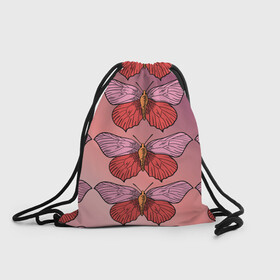 Рюкзак-мешок 3D с принтом Розовый принт с бабочками  в Белгороде, 100% полиэстер | плотность ткани — 200 г/м2, размер — 35 х 45 см; лямки — толстые шнурки, застежка на шнуровке, без карманов и подкладки | бабочки | градиент | грустый | меланхолия | мотылек | насекомые | розовый | цветочки
