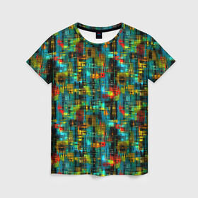 Женская футболка 3D с принтом Разноцветные штрихи на бирюзе в Белгороде, 100% полиэфир ( синтетическое хлопкоподобное полотно) | прямой крой, круглый вырез горловины, длина до линии бедер | абстрактный | бирюзовый | вкрапления | детский | красный | модный | молодежный | штрихи