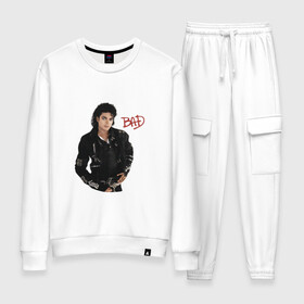 Женский костюм хлопок с принтом BAD. Майкл Джексон в Белгороде, 100% хлопок | на свитшоте круглая горловина, мягкая резинка по низу. Брюки заужены к низу, на них два вида карманов: два 
