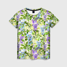 Женская футболка 3D с принтом Глициния на бежевом фоне в Белгороде, 100% полиэфир ( синтетическое хлопкоподобное полотно) | прямой крой, круглый вырез горловины, длина до линии бедер | акварель | акварельный | беж | бежевый | глициния | женственная | женственный | листва | листья | сад | цветочки | цветочный | цветы