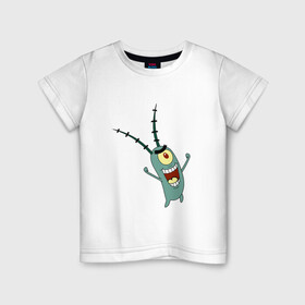Детская футболка хлопок с принтом Планктон! в Белгороде, 100% хлопок | круглый вырез горловины, полуприлегающий силуэт, длина до линии бедер | букашка | злобный учёный | одноглазый | планктон | улыбка. | шелдон джей