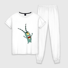 Женская пижама хлопок с принтом Планктон! в Белгороде, 100% хлопок | брюки и футболка прямого кроя, без карманов, на брюках мягкая резинка на поясе и по низу штанин | букашка | злобный учёный | одноглазый | планктон | улыбка. | шелдон джей