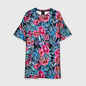 Детское платье 3D с принтом Тропические цветы  в Белгороде, 100% полиэстер | прямой силуэт, чуть расширенный к низу. Круглая горловина, на рукавах — воланы | летний | розовый | синий | тропический узор | цветочный узор | цветы | экзотические цветы