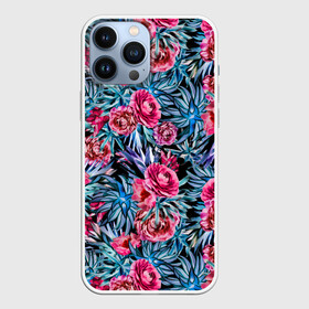 Чехол для iPhone 13 Pro Max с принтом Тропические цветы в Белгороде,  |  | летний | розовый | синий | тропический узор | цветочный узор | цветы | экзотические цветы