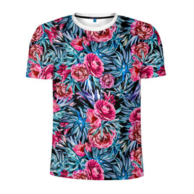 Мужская футболка 3D спортивная с принтом Тропические цветы  в Белгороде, 100% полиэстер с улучшенными характеристиками | приталенный силуэт, круглая горловина, широкие плечи, сужается к линии бедра | летний | розовый | синий | тропический узор | цветочный узор | цветы | экзотические цветы