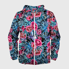 Мужская ветровка 3D с принтом Тропические цветы  в Белгороде, 100% полиэстер | подол и капюшон оформлены резинкой с фиксаторами, два кармана без застежек по бокам, один потайной карман на груди | летний | розовый | синий | тропический узор | цветочный узор | цветы | экзотические цветы