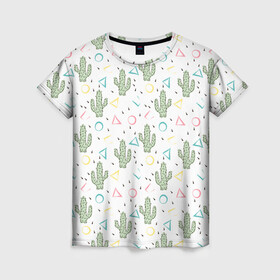Женская футболка 3D с принтом Кактусы  в Белгороде, 100% полиэфир ( синтетическое хлопкоподобное полотно) | прямой крой, круглый вырез горловины, длина до линии бедер | абстрактный | кактус | мексиканский узор | модный | популярный | экзотический