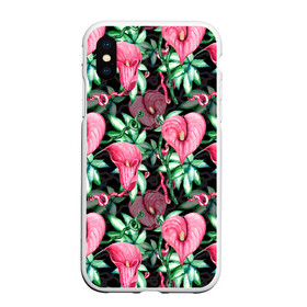Чехол для iPhone XS Max матовый с принтом Цветы в райском саду в Белгороде, Силикон | Область печати: задняя сторона чехла, без боковых панелей | вечерний | джунгли | калла | каллы | лианы | листва | листья | праздничный | райский | сад | темный | цветочки | цветочный | цветы