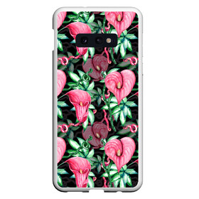 Чехол для Samsung S10E с принтом Цветы в райском саду в Белгороде, Силикон | Область печати: задняя сторона чехла, без боковых панелей | вечерний | джунгли | калла | каллы | лианы | листва | листья | праздничный | райский | сад | темный | цветочки | цветочный | цветы