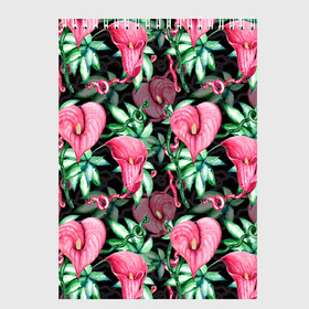 Скетчбук с принтом Цветы в райском саду в Белгороде, 100% бумага
 | 48 листов, плотность листов — 100 г/м2, плотность картонной обложки — 250 г/м2. Листы скреплены сверху удобной пружинной спиралью | Тематика изображения на принте: вечерний | джунгли | калла | каллы | лианы | листва | листья | праздничный | райский | сад | темный | цветочки | цветочный | цветы