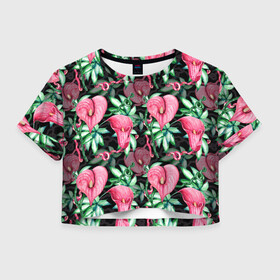 Женская футболка Crop-top 3D с принтом Цветы в райском саду в Белгороде, 100% полиэстер | круглая горловина, длина футболки до линии талии, рукава с отворотами | вечерний | джунгли | калла | каллы | лианы | листва | листья | праздничный | райский | сад | темный | цветочки | цветочный | цветы