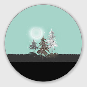 Коврик для мышки круглый с принтом Лес. Мозаичный узор  в Белгороде, резина и полиэстер | круглая форма, изображение наносится на всю лицевую часть | бирюзовый | елка | ель | зима | картина | лес | луна горы | мозаика | новогодний | холмы