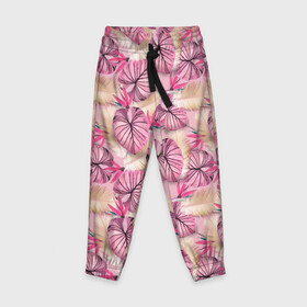 Детские брюки 3D с принтом Розовый тропический узор в Белгороде, 100% полиэстер | манжеты по низу, эластичный пояс регулируется шнурком, по бокам два кармана без застежек, внутренняя часть кармана из мелкой сетки | бежевый | листья | пальмовые листья | розовые цветы | розовый | тропические цветы | цветочный