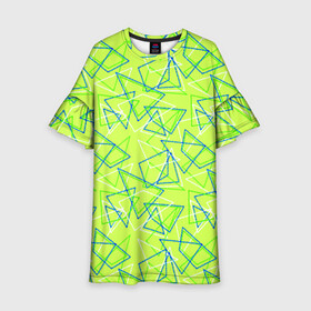 Детское платье 3D с принтом Абстрактный неоновый зеленый в Белгороде, 100% полиэстер | прямой силуэт, чуть расширенный к низу. Круглая горловина, на рукавах — воланы | Тематика изображения на принте: абстрактный | геометрический | детский | зеленый | летний | неоновый | ретро | треугольники