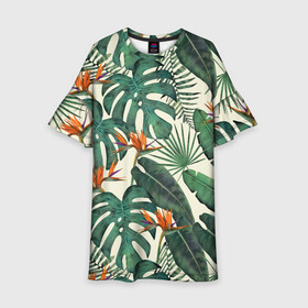 Детское платье 3D с принтом Тропический паттерн в Белгороде, 100% полиэстер | прямой силуэт, чуть расширенный к низу. Круглая горловина, на рукавах — воланы | азия | акварель | акварельный | банановые листья | ботанический | винтажный | зеленый | иллюстрация | лес | летний | лето | монстера | оранжевый | отпуск | пальмовые листья | стрелиция | тропики