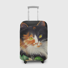 Чехол для чемодана 3D с принтом Трёхцветная кошка в Белгороде, 86% полиэфир, 14% спандекс | двустороннее нанесение принта, прорези для ручек и колес | декоративная роспись | живопись | жостовская роспись | кошка | кошка трехцветная | цветы
