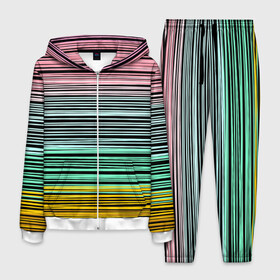 Мужской костюм 3D с принтом Модный полосатый узор  в Белгороде, 100% полиэстер | Манжеты и пояс оформлены тканевой резинкой, двухслойный капюшон со шнурком для регулировки, карманы спереди | Тематика изображения на принте: желтый | модный | молодежный | разноцветные линии | разноцветный полосатый | розовый | салатовый | современный