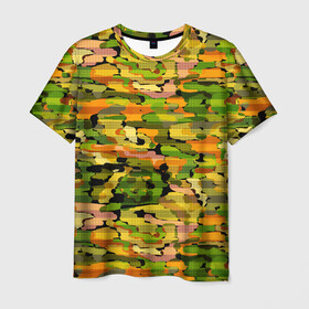 Мужская футболка 3D с принтом Яркий осенний камуфляж в Белгороде, 100% полиэфир | прямой крой, круглый вырез горловины, длина до линии бедер | Тематика изображения на принте: абстрактный | камуфляж | модный | молодежный | осень | полосатый | яркий осенний камуфляж