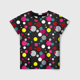 Детская футболка 3D с принтом Разноцветный горох на черном  в Белгороде, 100% гипоаллергенный полиэфир | прямой крой, круглый вырез горловины, длина до линии бедер, чуть спущенное плечо, ткань немного тянется | в горох | детский | для детей | желтый горох | клетка | красный | малышам | мальчиковый узор | разноцветный горох | темный | черный